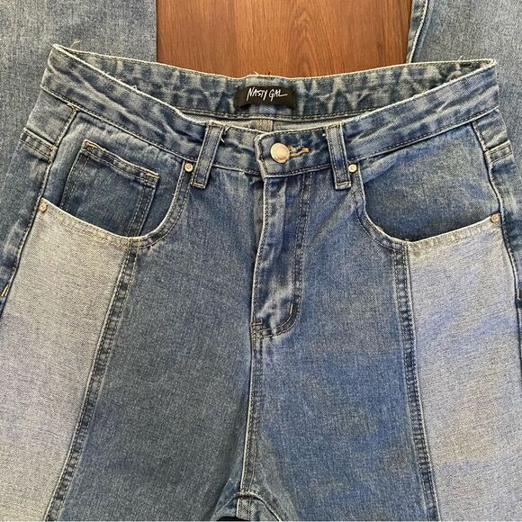 Nasty Gal Jeans Split Hem Color Block Blue Size 6 Flirty Feminine - Picture 11 of 13